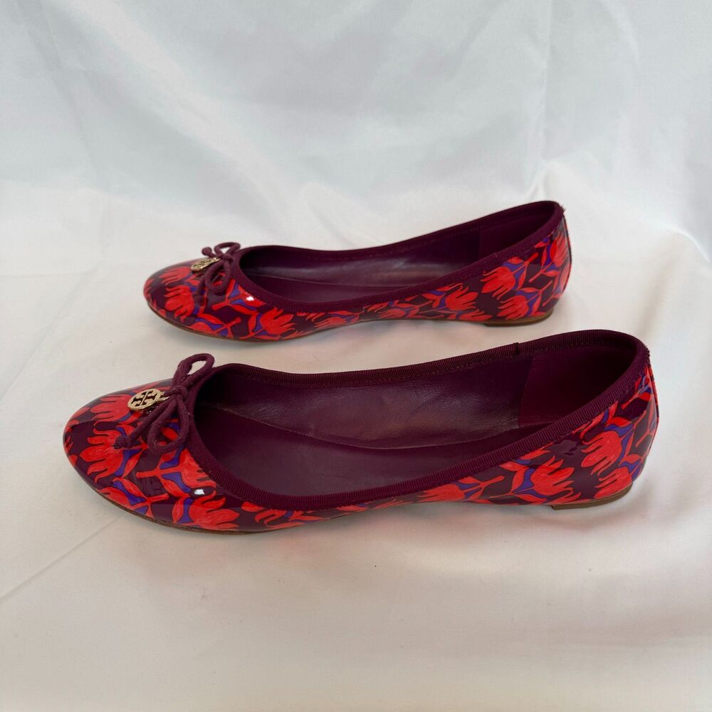 Tory Burch Purple and Red Patent Leather Floral Ballerina Flats Size 8.5 - Picture 5 of 7